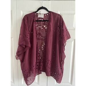 Beautiful Stories Embroidered Kimono Wrap‎ Womens OS Burgundy Boho Sheer Chiffon
